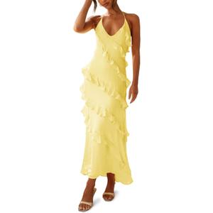 Wenrine Womens Sexy Chiffon Halter Maxi Dress Sleeveless Backless Ruffle Tassel Party Club Dresses (Medium, Yellow)