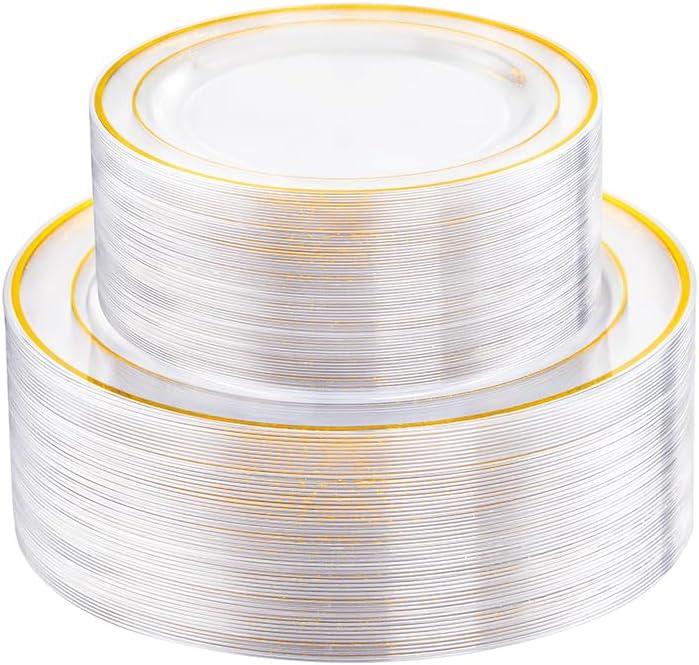 FLOWERCAT 100PCS Clear Plates with Gold Trim - Heavy Duty Clear and Gold Plastic Plate Disposable for Birthday Party/Wedding Include 50PCS 10.25inch Dinner Plates - 50PCS 7.5inch Cake Plate