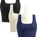 KIKIMINK Womens Crop Tank Tops 3 Pack Seamless Ribbed Sleeveless Square Neck Workout Yoga Gym Shirts Fitted Basic Camisole (Black, M)