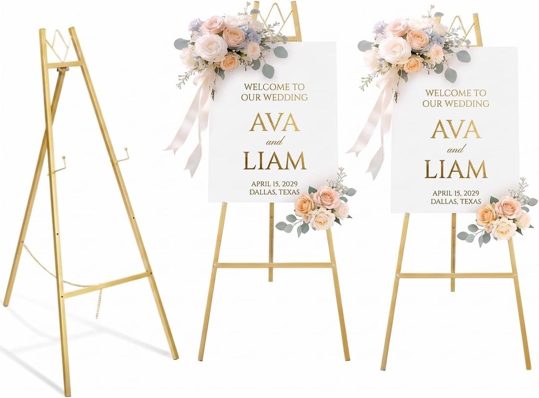 GRENTY 2 Pack Gold Easel Stand for Wedding Signs No Assembly Needed, Heavy Duty Metal Display Stand for Art, Welcome Signs, Posters, Pictures, Paintings, and Floor Dcor