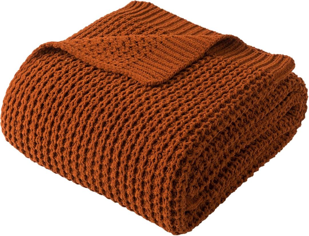 Bunnikins & Clover Knitted Waffle Blanket Throw, Fall Throw Blanket for Home Decoration, Caramel Throw Blanket for Couch, 50"x60"