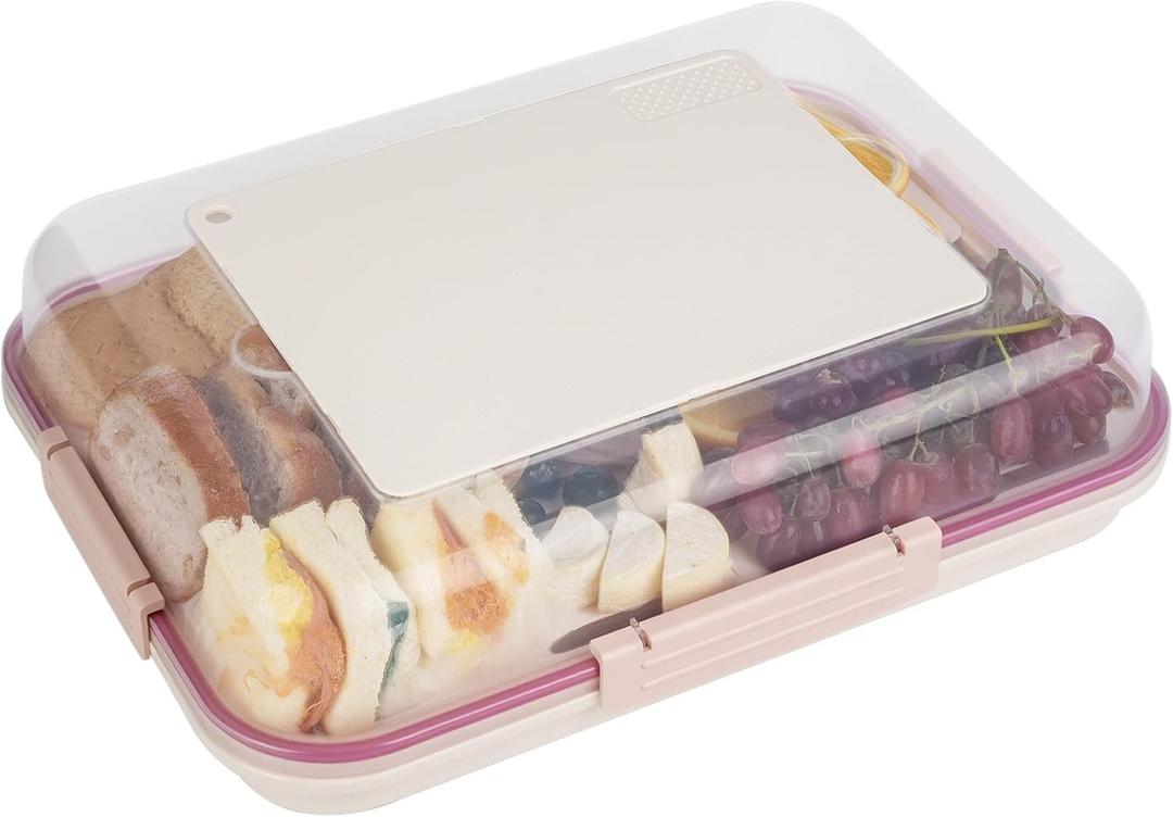 Food Storage Container with Cutting Board Lid, Snack Tray with Ice Pack Compartment & Removable Divider (Cream)