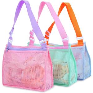 Tagitary Beach Toy Mesh Beach Bag Kids Shell Collecting Bag Beach Sand Toy Seashell Bags Swimming Accessories for Boys and Girls(Only Bags,A Set of 3) (Blue+Pink+Light Green)
