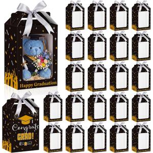 Eaasty 24 Pcs 2026 Graduation Gift Boxes with Window Large Black Graduation Gift Box for Stuffed Bear 9.8 x 7 x 5.1 Inch Class of 2026 Grad Party Favors for High School College Grad Decor, with Ribbon