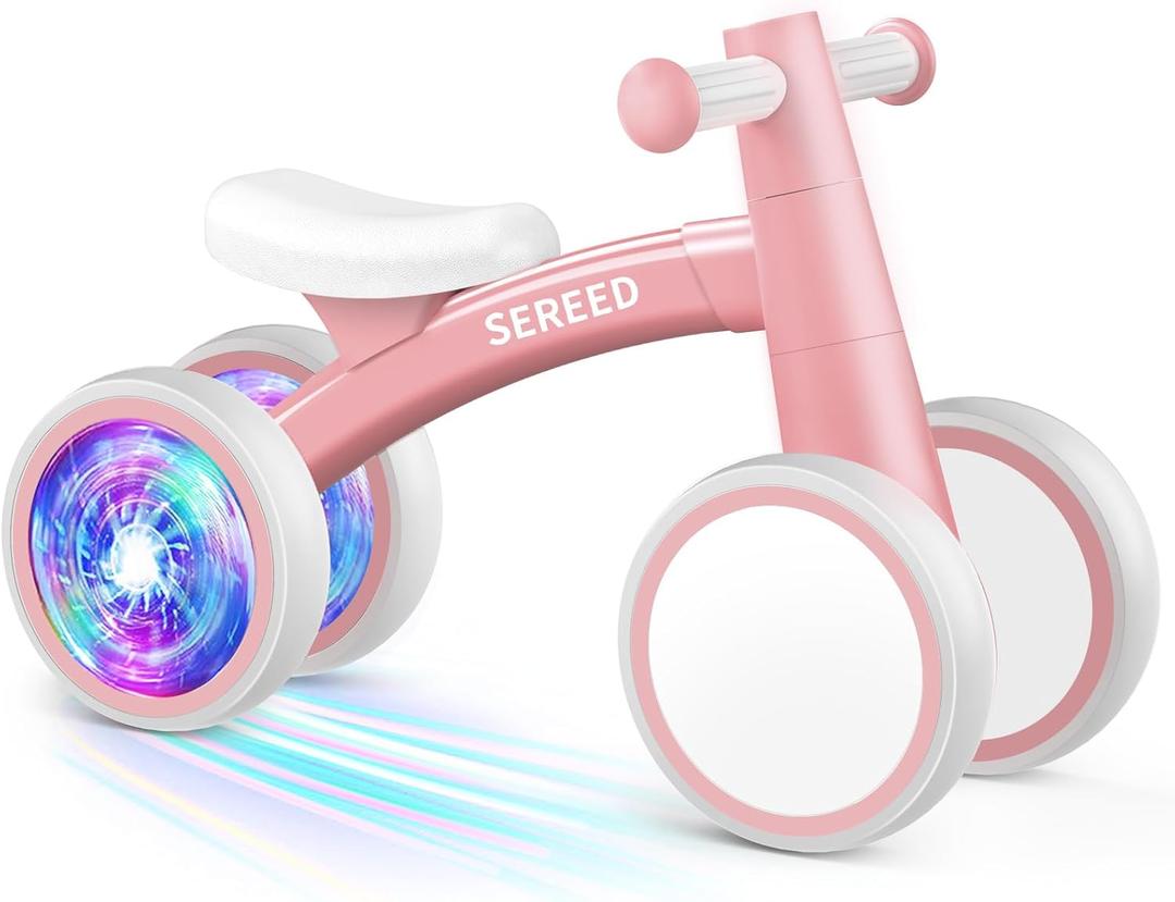 SEREED Colorful Lighting Baby Balance Bike, Toys for 1 Year Old Boys Girls, 12-24 Month Toddler Balance Bike with 4 Silence Wheels, First Birthday Gift (Pink)