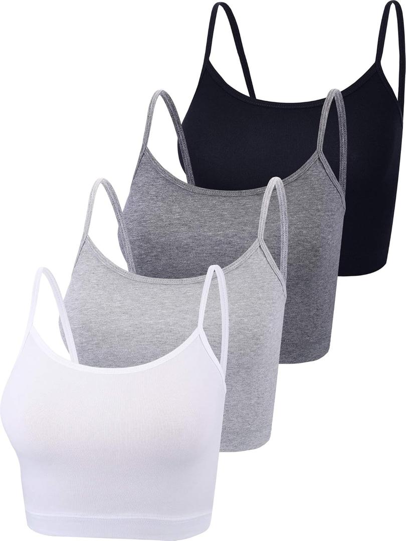 Boao 4 Pack Women's Cropped Tank Tops, Cotton Spaghetti Strap Crop Top Basic Sports Crop Cami Half Camisoles for Teen Girls (Black, White, Dark Grey, Light Grey) S