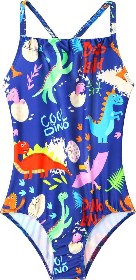 Girls Bathing Suits UPF 50+ Swimsuits Quick-Dry Cross-Strap for Toddlers & Kids 3-12T Sleeveless Sun Protection (5-6 Years, Blue Dinosaur)