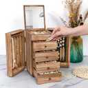 Meangood Jewelry Box Wood for Women, 5-Layer Large Organizer Box with Mirror & 4 Drawers for Rings, Earrings, Necklaces, Vintage Style, Torched Wood
