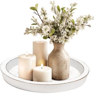 Wooden Candle Plate Holder Tray, Decorative Round Wood Tealight Pillar Trays, Small Rustic Candle Holder for Christmas Wedding Halloween Home Decor(White)