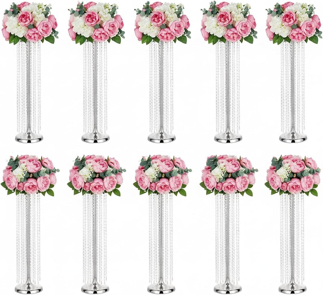 Set of 10 Metal Flower Stands for Centerpieces - 35.4inch Tall Wedding Centerpieces for Tables, Luxury Acrylic Crystal Flower Vases for Parties Wedding Birthday Christmas Home DecorSilver,10pcs