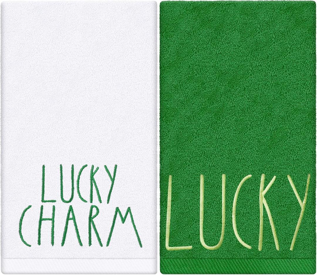 JarThenaAMCS 2 Pack St. Patrick's Day Hand Towel Cotton Embroidered Lucky Charm Bathroom Towel White Green Dish Towel for Irish Party Hand Drying Cleaning Cooking, 29.5 x 13.7 Inch