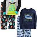 Simple Joys by Carter's Boys' Toddler 4-Piece Pajama Set (Cotton Top & Fleece Bottom), Aqua Blue Trucks/Black Dinosuar/Cobalt Blue/Grey Construction, 4T 