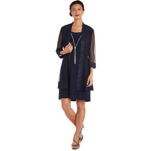 R&M Richards Women's Elegant 2-Piece Shift Dress with Pleated Shimmer Duster Jacket for Mother of the Bride, Cocktail Attire (Blue, 16W)