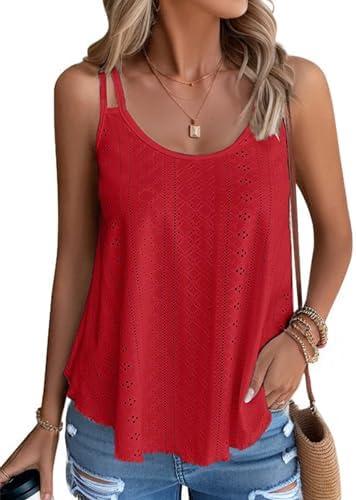Eachrise Womens Tank Tops Summer Sleeveless Casual Spaghetti Strap Blouses Eyelet Embroidery Loose Fit Tunic Shirts S