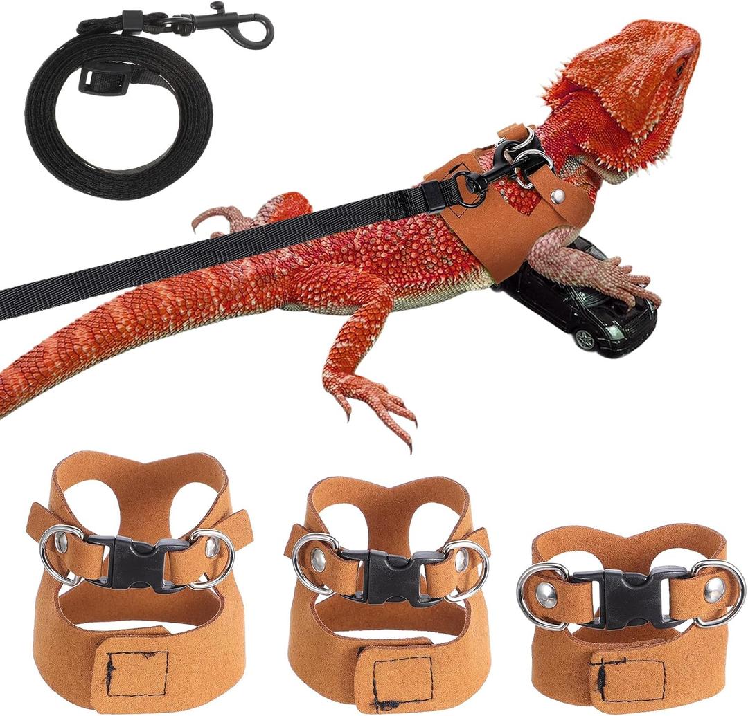 Bearded Dragon Harness and Leash Set, Adjustable Nylon Bearded Dragon Accessories with Vests, 6.56ft Lead for Reptile Training & Walking Accessories(Brown)