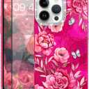 for iPhone 13 Pro Max Case Glitter, with Screen Protector, Cute Rose Floral Design with Diamond Bling Lens Frame Protection Slim Fit Shockproof Protective Phone Cover for Women Girls -Red