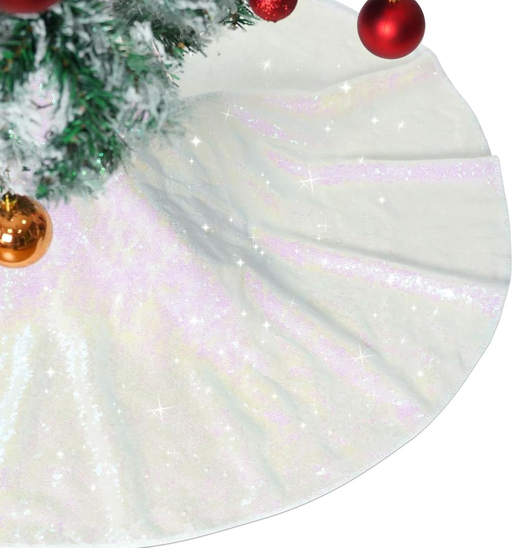 Christmas Tree Skirt 36" Round Sparkly Iridescent Sequin White Ornaments Xmas New Years Party Decorations