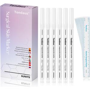 6Pcs Professional Surgical Tip Skin Marker Pen White Stencil Markers Pen with Paper Ruler for Eyebrow, Tattoo Skin Marking Individually Wrapped 1.0 MM