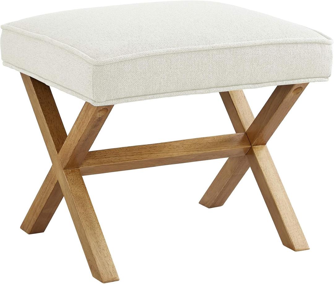 Amazon Basics Small Ottoman Foot Rest, Mid-Century Modern X Square Polyester Foot Stool, Linen, Ivory White, 18"D x 19.8"W x 18.3"H