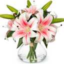 Artificial Flowers Tiger Lily Real Touch with Vase Easter Lily Pink Lilies Silk Faux Flowers Arrangements in Glass Vase with Faux Water Easter Decor Fake Floral Bulk Bouquet for Office Home Decor