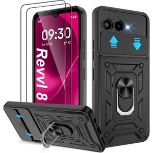 ATUMP for T-Mobile REVVL 8 Phone Case with (2 Pcs) HD Screen Protector, Heavy Duty Shockproof with 360 Rotation Metal Kickstand [Military Grade] Protective Case for Revvl 8 5G, Black