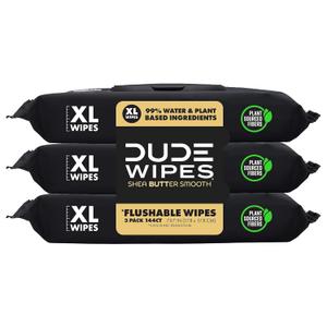 DUDE Wipes - Flushable Wipes - 3 Pack, 144 Count - Shea BUTTer Smooth Extra-Large - Vitamin-E & Aloe - Septic and Sewer Safe