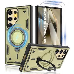 for Samsung Galaxy-S24 Ultra Case with Magsafe & [HD Screen Protector2][Anti-Fingerprint], 360 Metal Rotated Kickstand,Military Grade Shockproof Protective for Galaxy S24 Ultra Case,Green