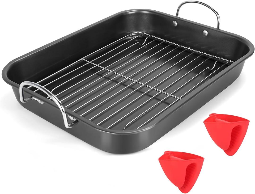 Nonstick Roasting Pan with Rack, 14.5x11.4’’ Baking Pan for Oven with Rack & Silicon Hand Clip, Heavy Duty Dishwasher Safe Rectangular Lasagna Pan with Handle for Turkey Chicken, Dark Grey