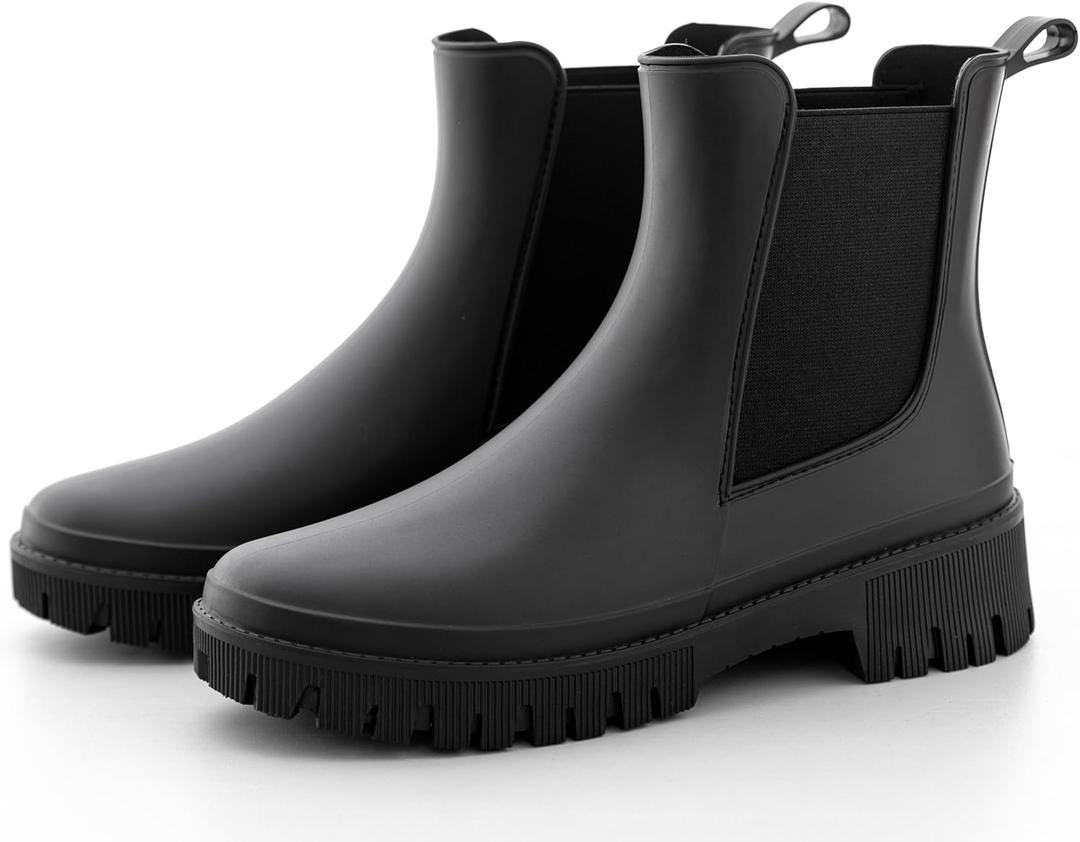 Women's Short Rain Boots Waterproof Chelsea Rain Boots For Ladies (10, Black)