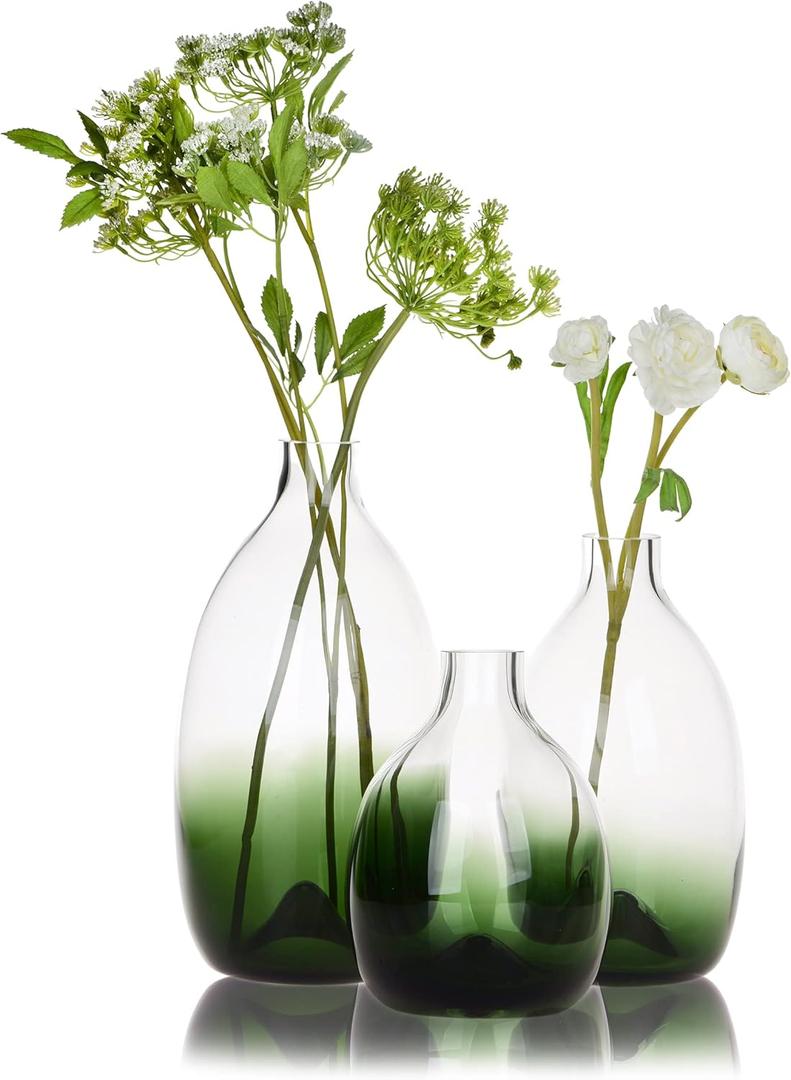 CONVIVA Modern Green Vase Set, Glass Flower vases,Large Decorative Centerpieces Kitchen Island Dining Table Living Sunroom Office Tabletop Set of 3,11"+9"+7" H GREEN