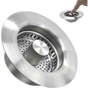 3 in 1 Kitchen Sink Drain Strainer & Pop-Up Sink Stopper - 304 Stainless Steel Upgraded Anti-Clogging Basket with Fast Drainage, Odor Prevention - Fits US Standard 3-1/2" Sink Drain Plug, 1 Pack