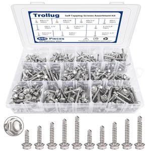 450PCS Self Tapping Screws for Metal, 410 Stainless Steel Self Drilling Screws #8#10 Hex Head Sheet Metal Screws Assortment Kits, Length 1/2"" to 1-1/4'' (Silver)