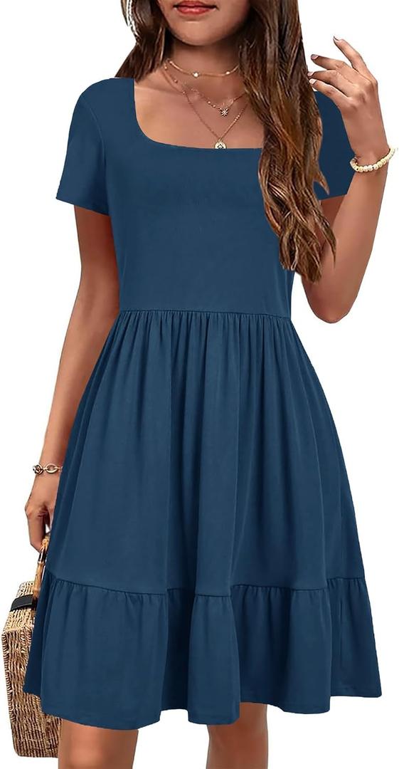 YOVION Girls Summer Dress Square Neck Short Sleeve Casual Loose Ruffle Tiered Dresses with Pockets for 8-9 Y (Blue)