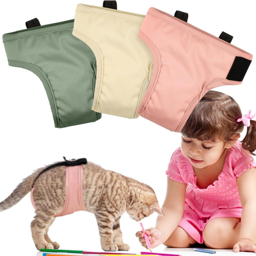 Cat Diapers 3 Pack with Good Absorbency for Female Cats Small& Male Cat Easy to Put on Adorable Diapers for Cats Secure Fit M