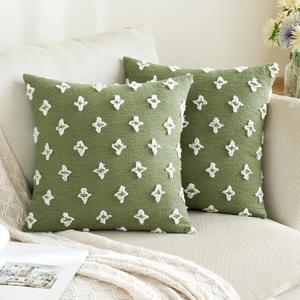 ANRODUO Pack of 2 Sage Green Floral Boho Decorative Throw Pillow Covers with Tufted Rhombic Jacquard for Room Decor Pillow Covers 18x18 Cute and Soft Pillowcase for Couch Sofa and Living Room Fall