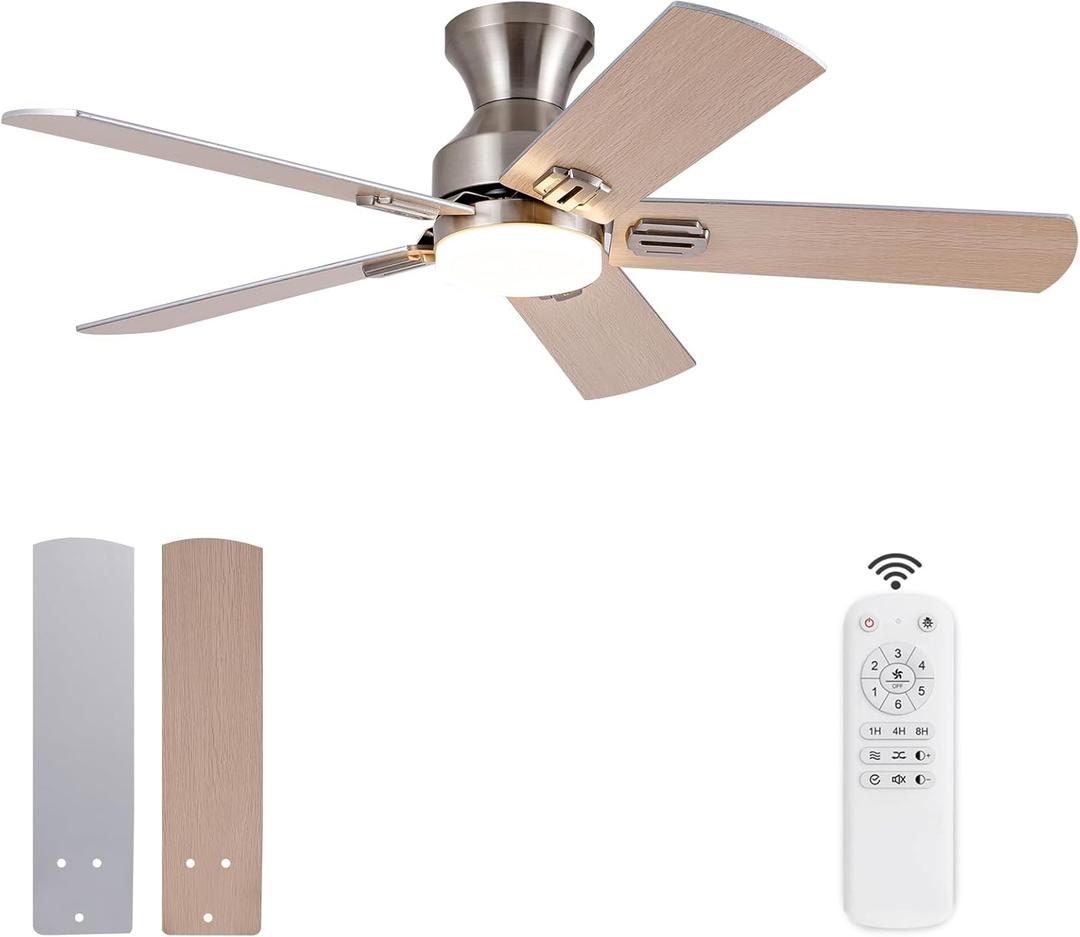 48 Inch Brushed Nickel Ceiling Fans with Lights and Remote,Low Profile Flush Mount Modern Ceiling Fan with Light,5 blades,Dimmable LED Light,6 Speed DC Motor,Indoor Outdoor for Bedroom
