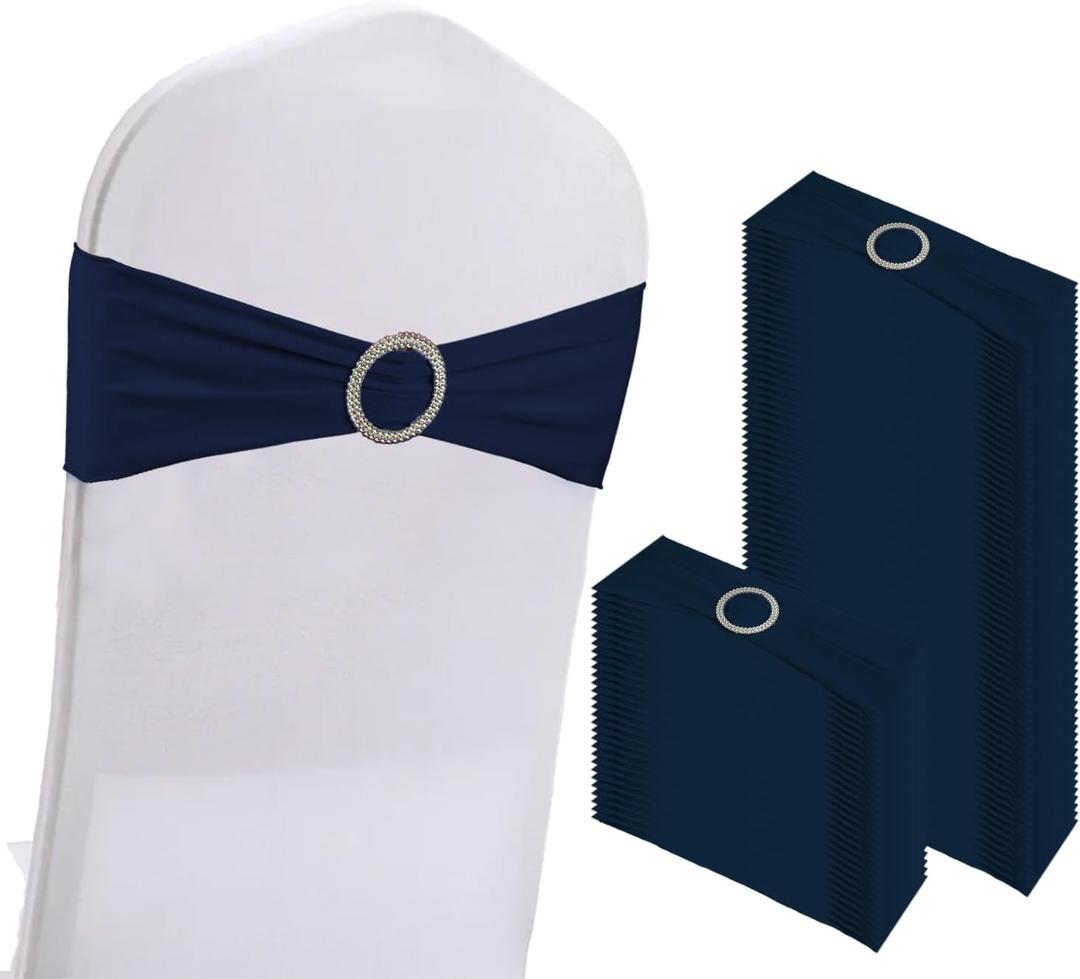 100PCS Spandex Stretch Chair Sashes Bows Elastic Chair Cover Bands Ties with Buckle Slider for Wedding Party Reception Events Universal Ceremony Banquet Decorations(Navy)
