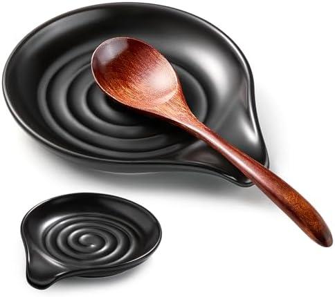 Gencywe Spoon Rest for Stove Top, 6.1" Large Ceramic Spoon Holder for Kitchen Counter Decor, Heat-Resistant Cooking Utensil Rest, Coffee Spoon Holder, Black Kitchen Spoon Rest for Spoon Ladle Spatula