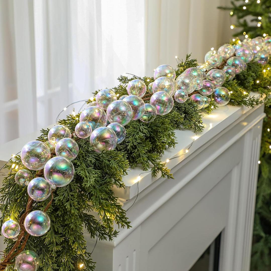 Dingion 84 Pcs Iridescent Ornaments Clear Christmas Ornament Balls, 6 FT Plastic Halloween Cauldron Bubbles Garland for Craft DIY Witch Magic Pot, Xmas Tree Mantel Fireplace Party Decor