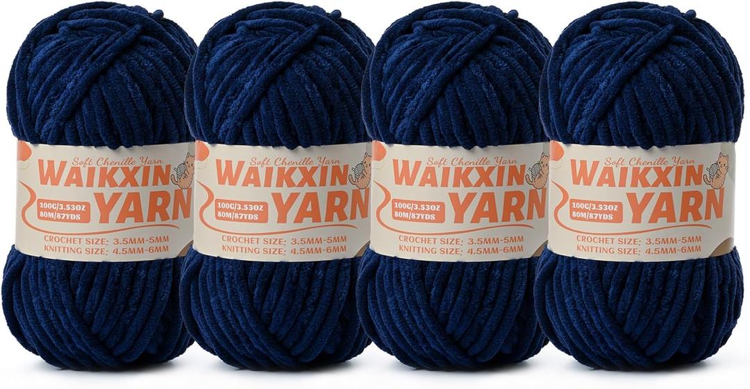 4 Navy Blue 4 Pack Super Soft Fuzzy Chenille Chunky Yarn for Crocheting, 400g (350yds) Velvet Fluffy Amigurumi Yarn for Hand Knitting Baby Blankets Weaving Craft