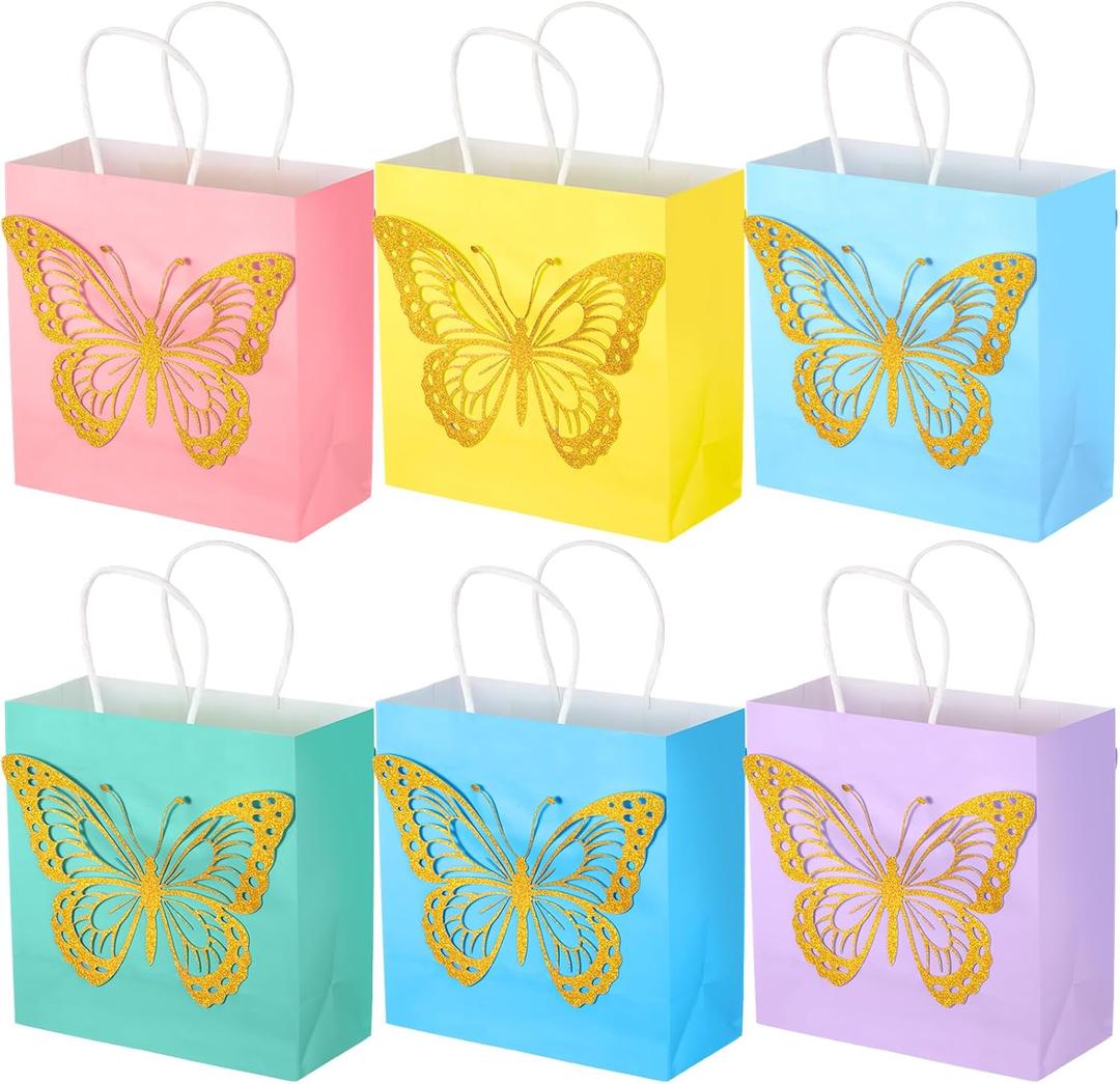 MotiMind 24 Pcs Butterfly Party Favors Bags with Gold Glitter 3D Butterfly Decor and Handles Goodie Gift Paper Treat Candy Bags for Birthday Bridal Shower Baby Shower Party Supplies