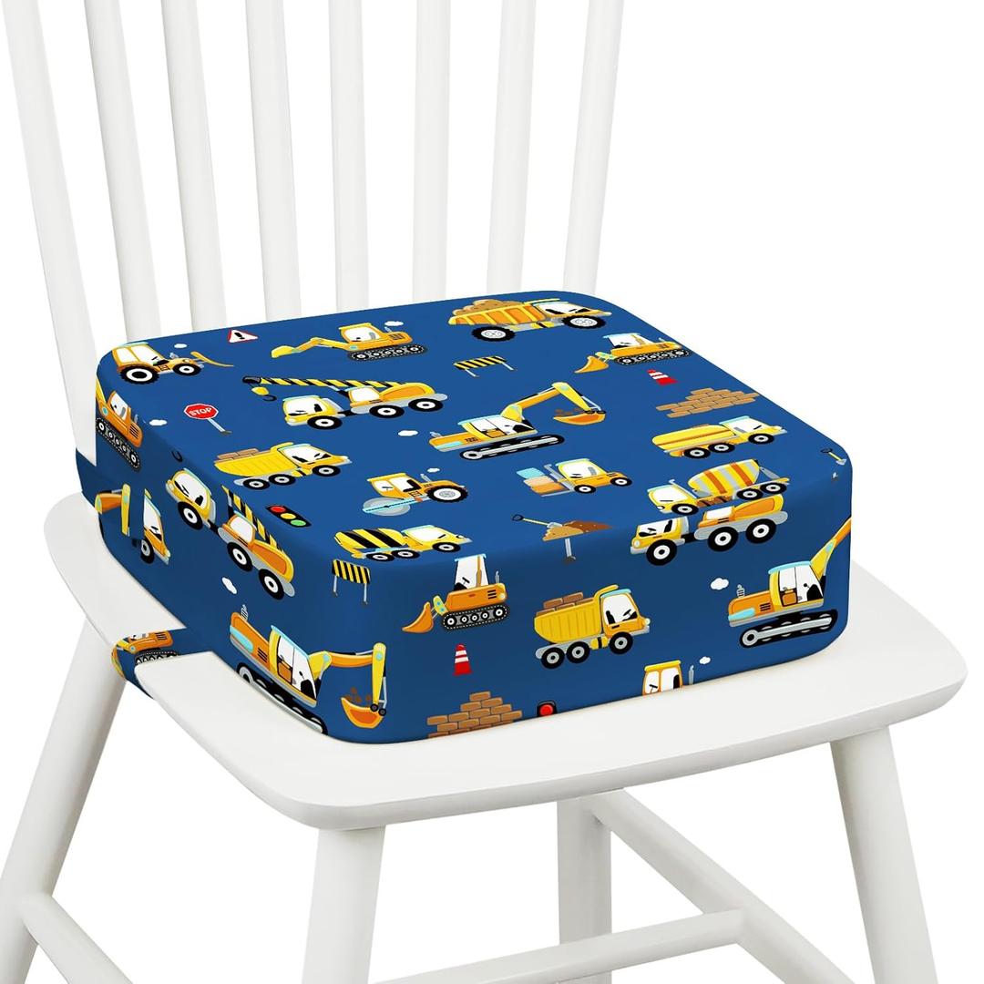 Toddler Booster Seat for Dining Table Kitchen Chair, Kids Booster Seat with Non-Slip Bottom and Adjustable Straps, 4" Detachable Washable Portable Travel Increasing Cushion (Excavator)
