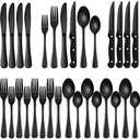 EWFEN 24-Piece Black Silverware Set with Steak Knives, Black Flatware Set for 4, Food-Grade Stainless Steel Tableware Cutlery Set, Mirror Finished Utensil Sets for Home Restaurant, Round Edge