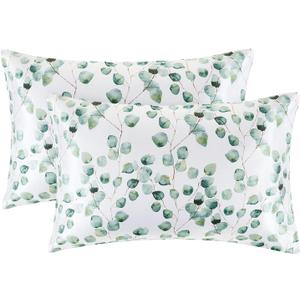 EXQ Home Silky Satin Pillowcase for Hair and Skin,Printed Pillow Cases Standard Size Set of 2 Satin Pillow Case 2 Pack with Envelope Closure(Ink Leaf, 20x26)
