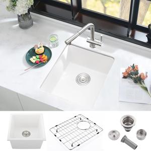 12 Inch Bar Sink Undermount White-iAnomla 12x15 Undermount Bar Sink White Quartz Composite Bar Prep Sink Small Single Bowl Mini Wet Bar Rv Kitchen Sinks with Bottom Grid, 12L x 15W x 10D