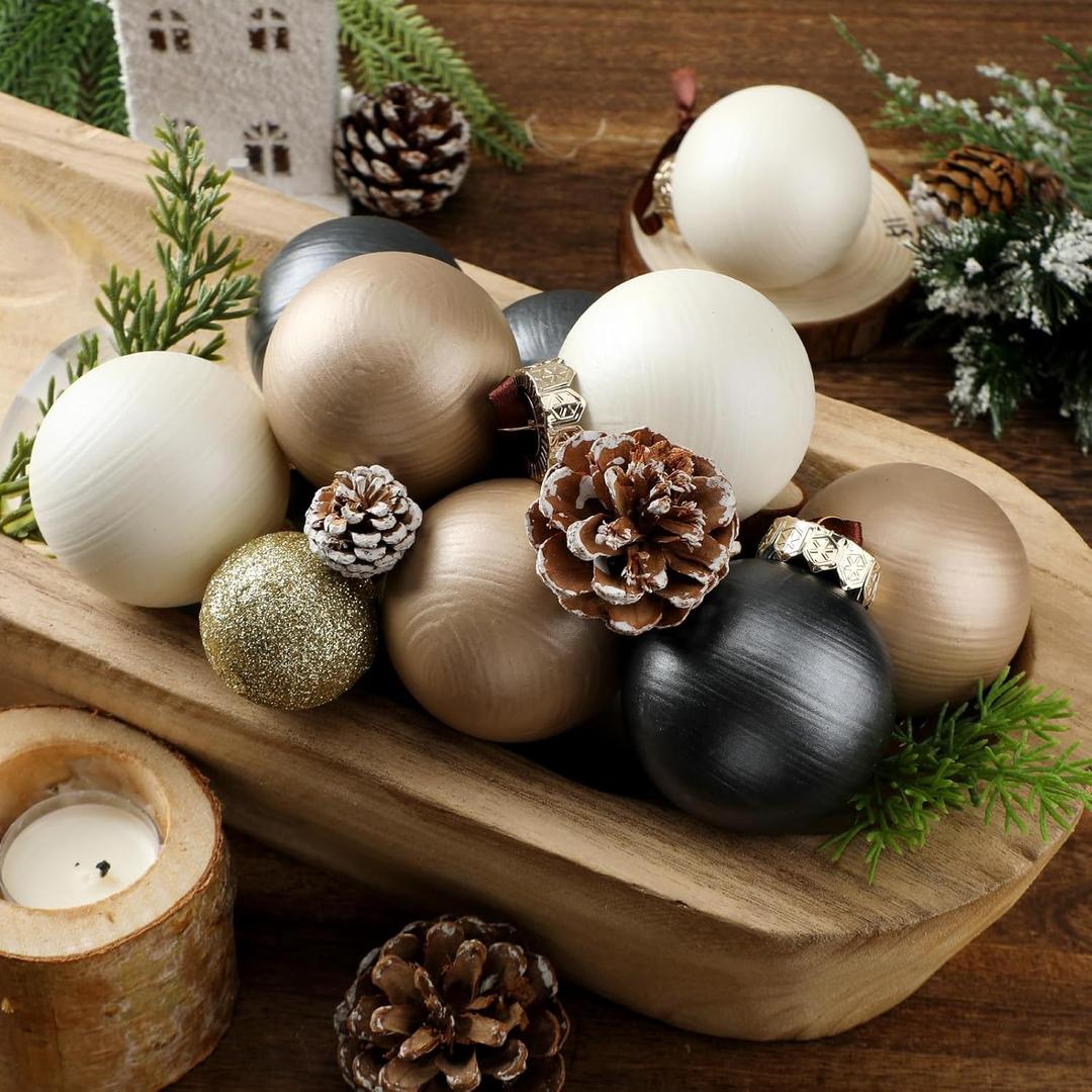 12 Pcs Neutral Textured Christmas Ball Ornaments Set 2.4 Inch Rustic Brown White Black Xmas Baubles Shatterproof Antique Farmhouse Modern Christmas Decor for Tree Holiday Indoor Home Decor