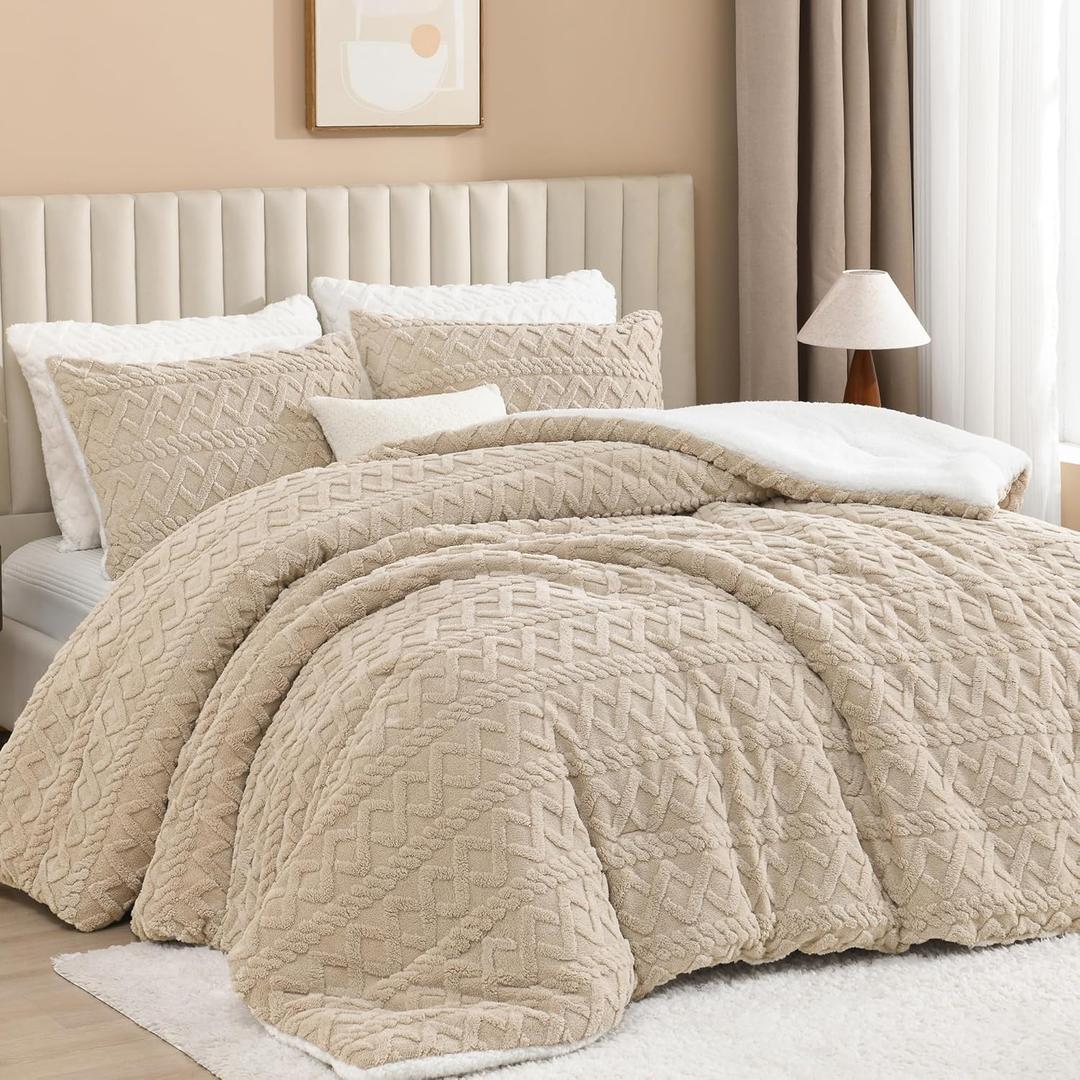 Andency Fluffy Sherpa Full Comforter Set, Super Soft Beige Fleece Warm Bedding for Winter, Luxury Jacquard Boho Thick Fuzzy Plush Bed Set 3 Pieces(1 Shaggy Comforter, 2 Pillowcases) (Full(79''x90''))
