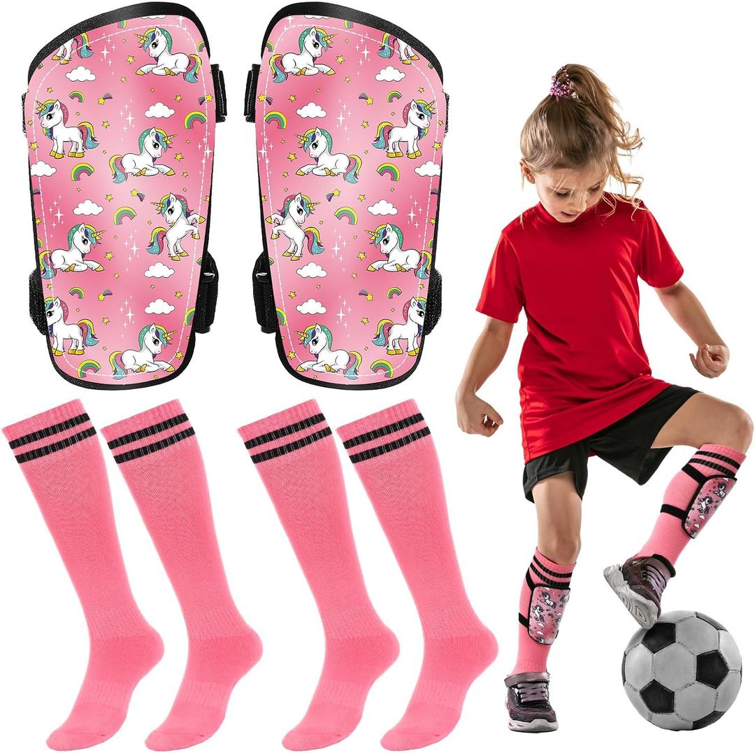 Soccer Shin Guards and Socks Set for Boys Girls for Age 3 to 14 Years Pink Unicorn Shin Kick Pads Socks Protective Defender Gear for Kids Youth Footballs Muay Thai MMA Kickboxing Sparring