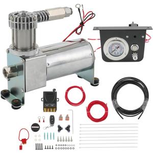 On Board Air Compressor System Replacement For Trucks Vans, includes Air Spring Compressor, Gauge, Wiring harness, Line and Hardware Kit