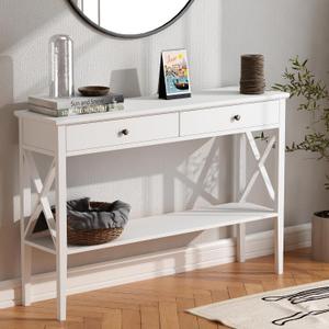 ChooChoo 47" Console Table with Drawers, Narrow Wood Accent Sofa Table Entryway Table with Storage Shelf for Entryway, Front Hall, Hallway, Living Room, White, 11.81"D x 47.24"W x 31.5"H